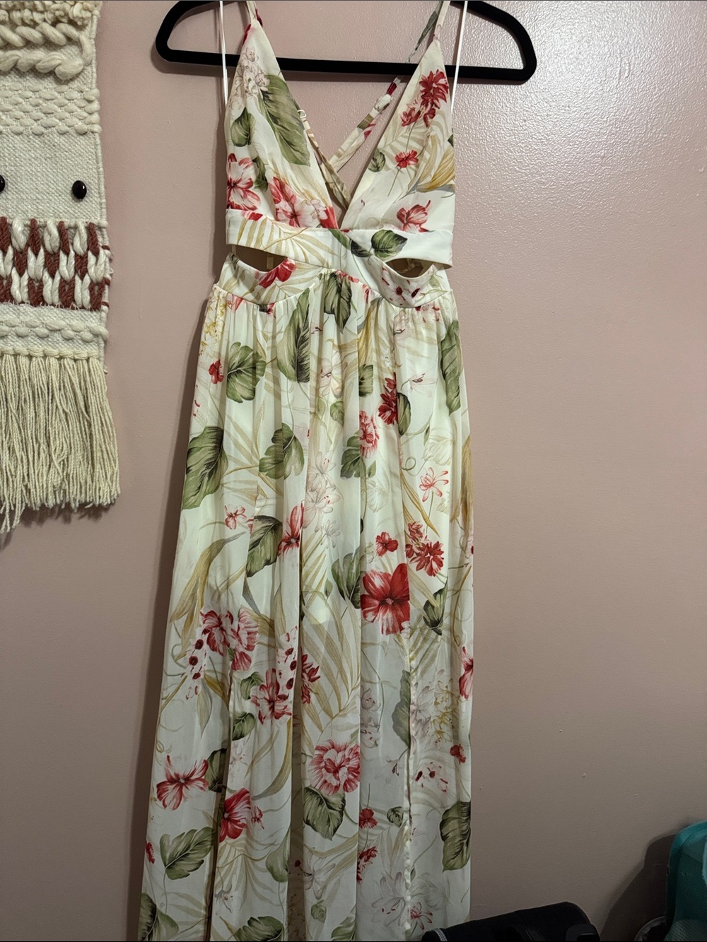 Fashion Nova Cream Maxi Dress with Green and Red Floral Print